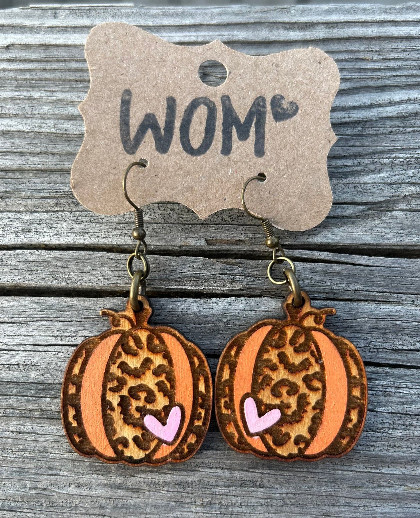 Cheetah Pumpkin Heart Wooden Dangle Earrings