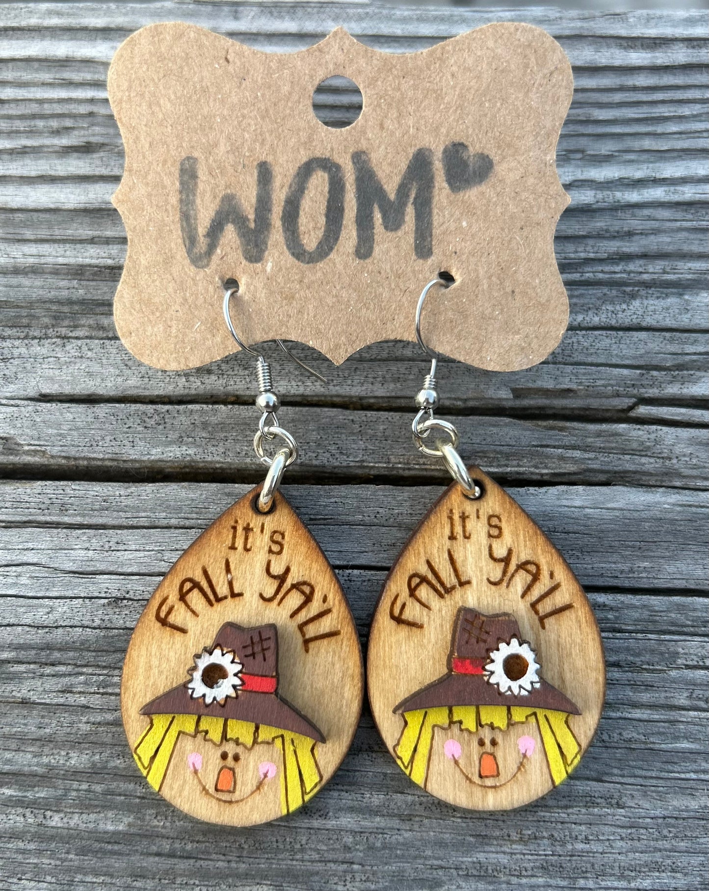 Scarecrow "It's Fall Y'all" Wooden Dangle Earrings