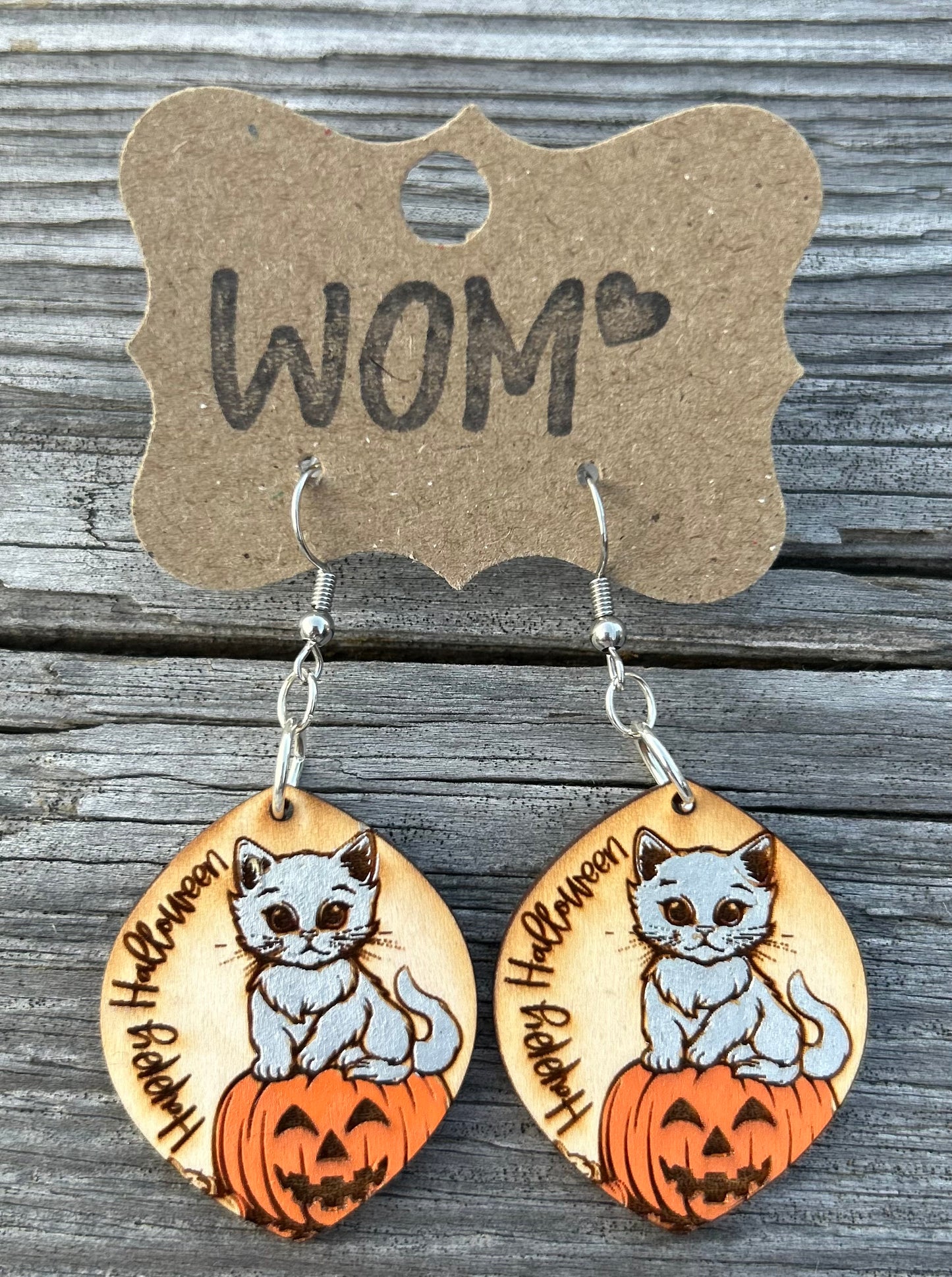 Happy Halloween Gray Cat and Jack-O-Lantern Wooden Dangle Earrings