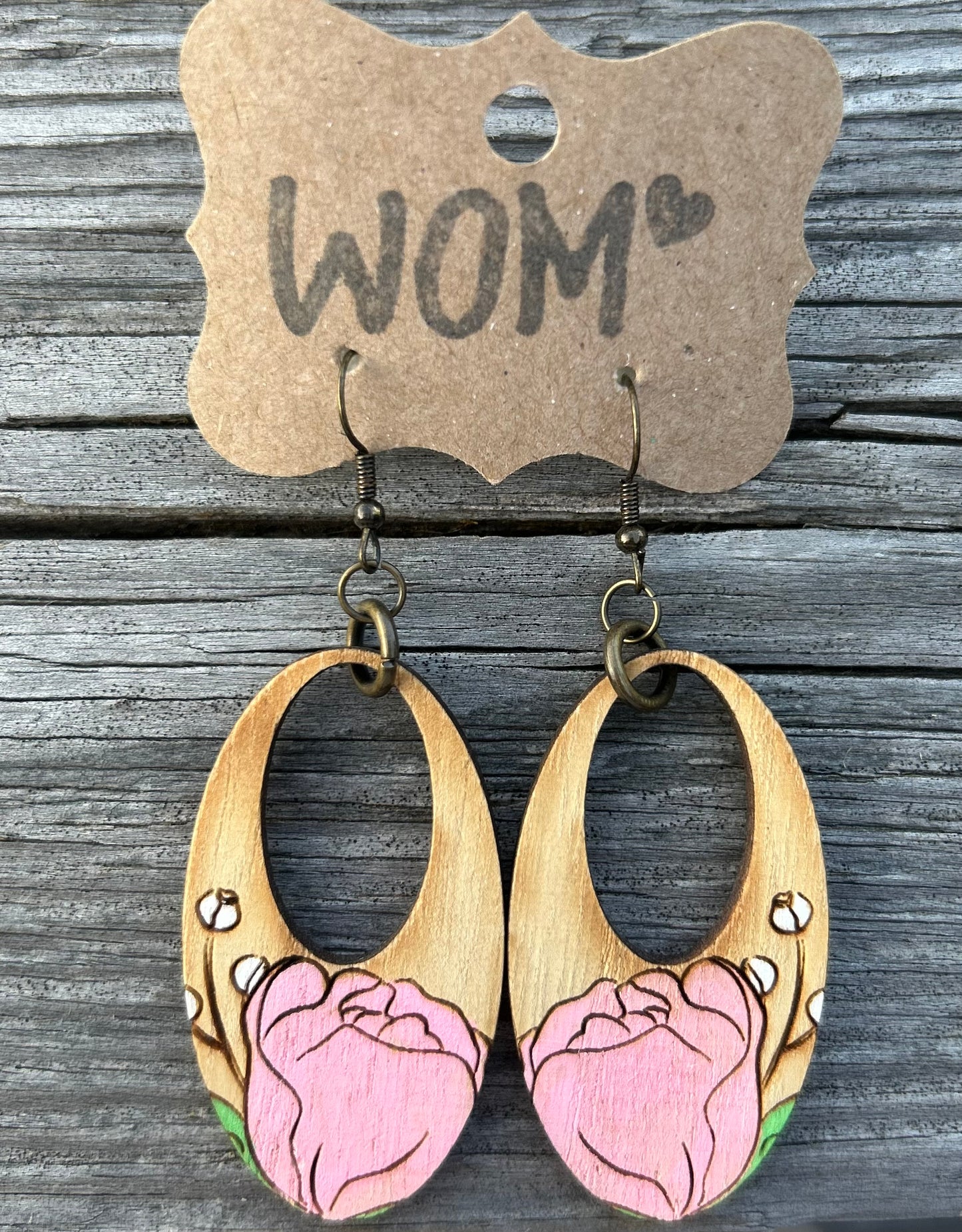 Pink Flower Spring Wooden Dangle Earrings