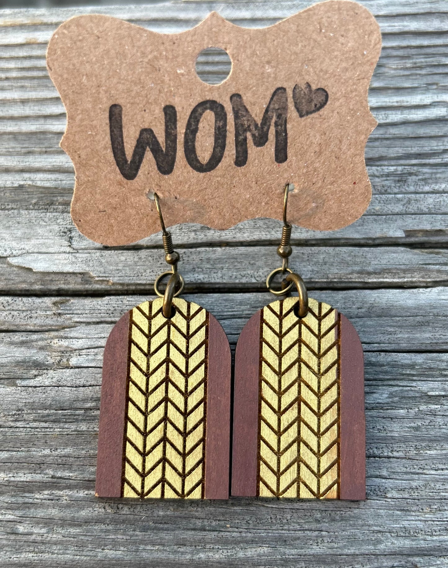 Chevron Gold and Brown Wooden Dangle Earrings