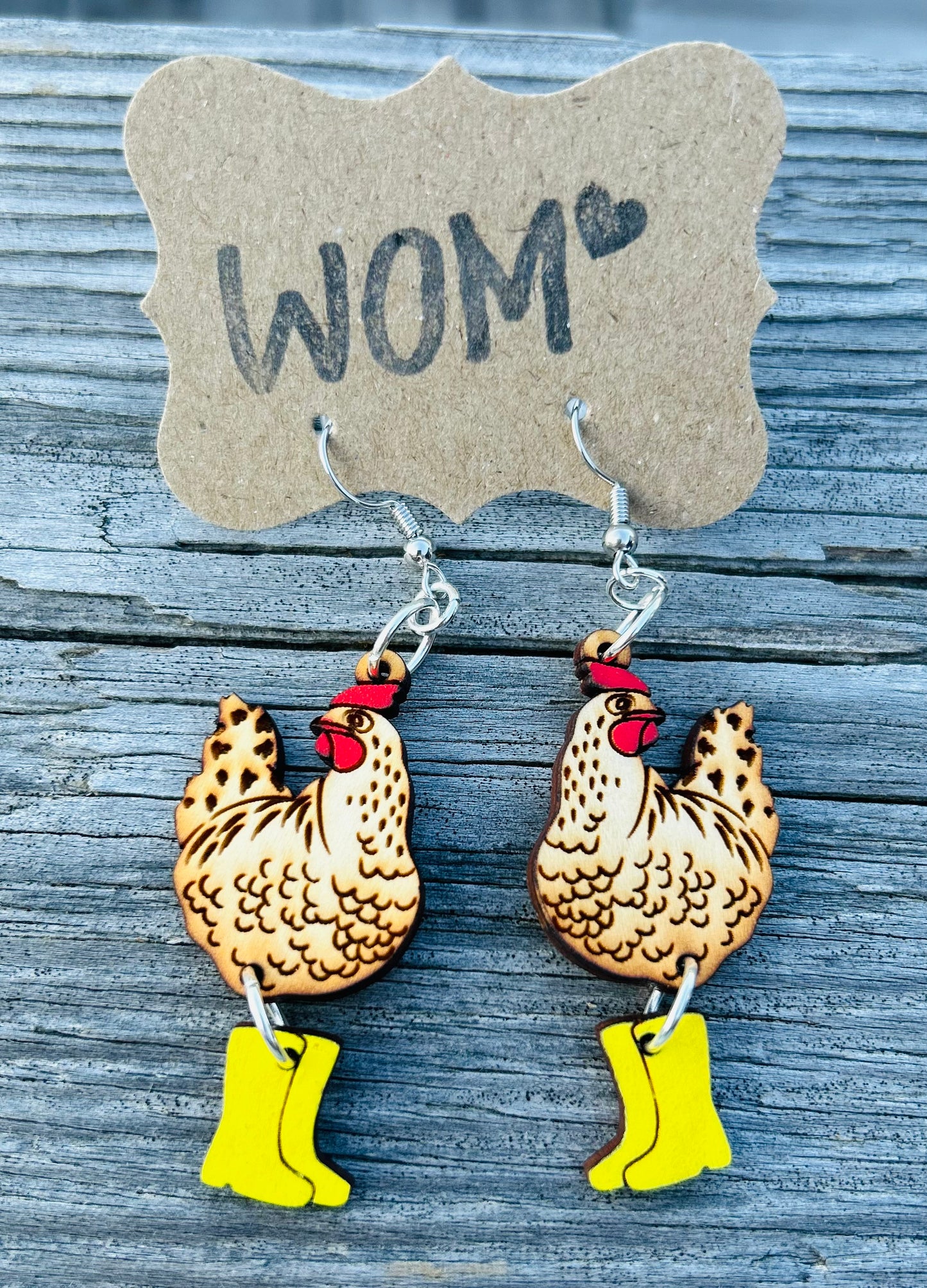 Chicken in Rain Boots Wooden Dangle Earrings