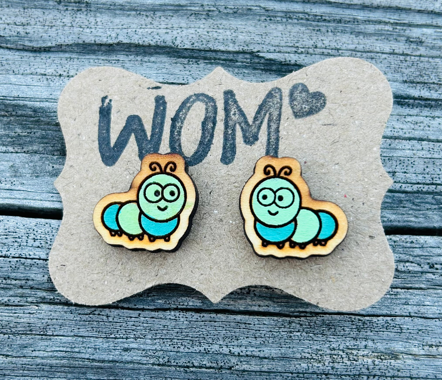 Caterpillar Wooden Stud Earrings