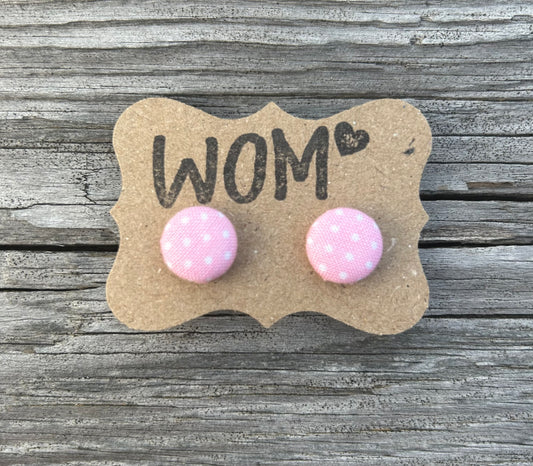 Pink and White Polka Dot Button Stud Earrings
