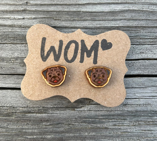 Pug Dog Wooden Stud Earrings