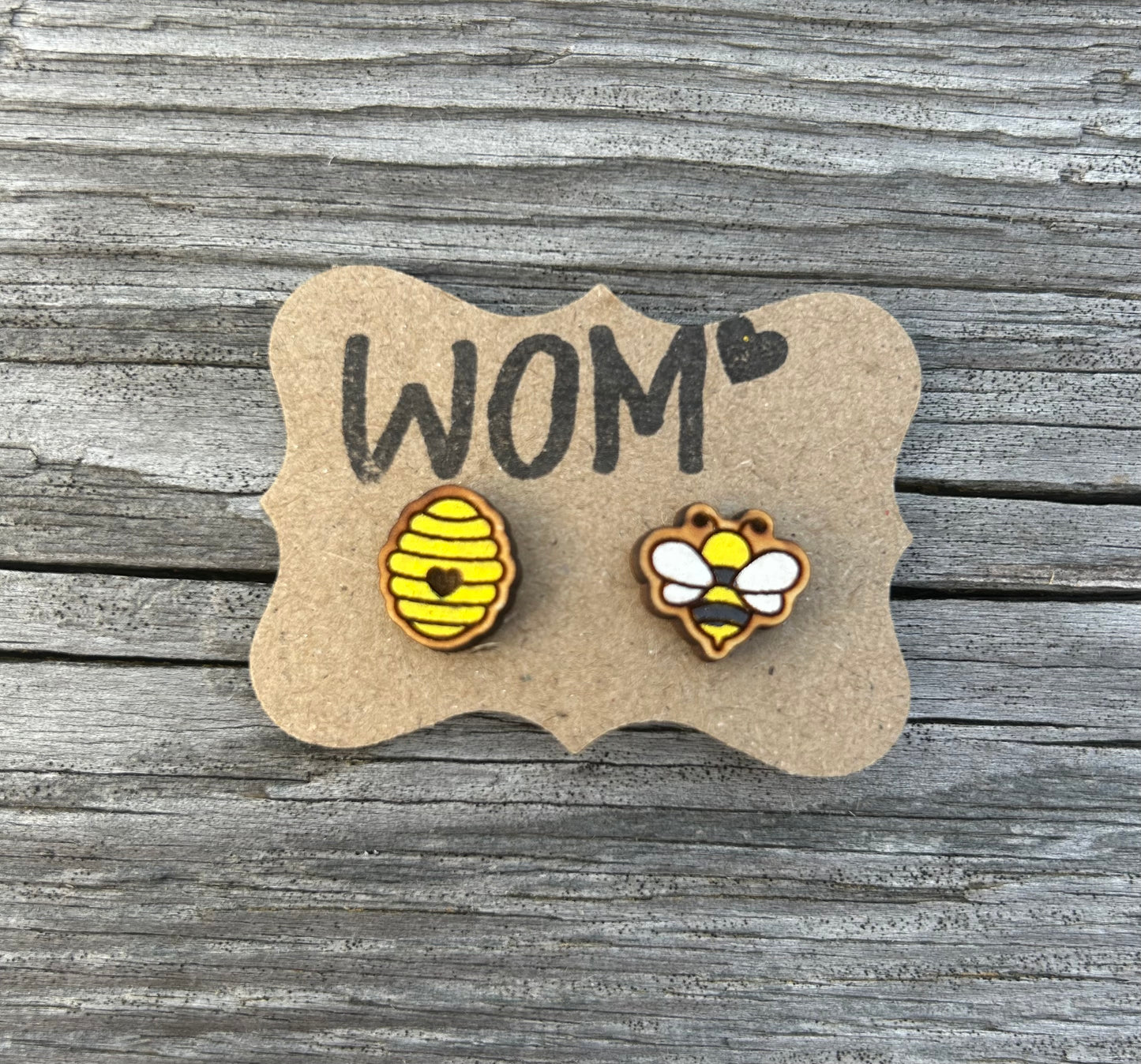 Honey Bee and Hive Wooden Stud Earrings