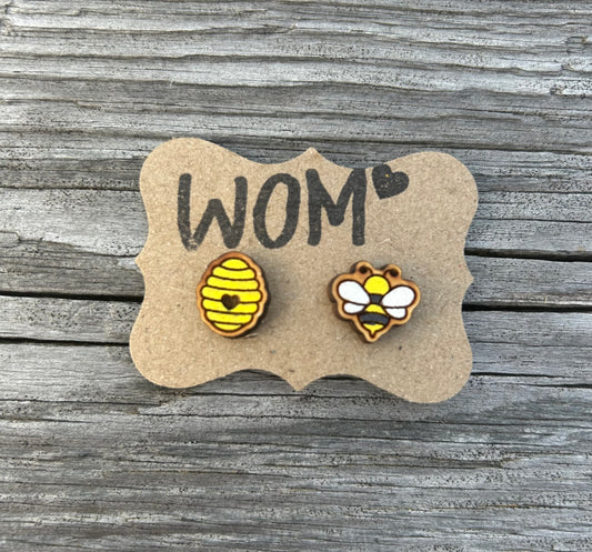 Honey Bee and Hive Wooden Stud Earrings