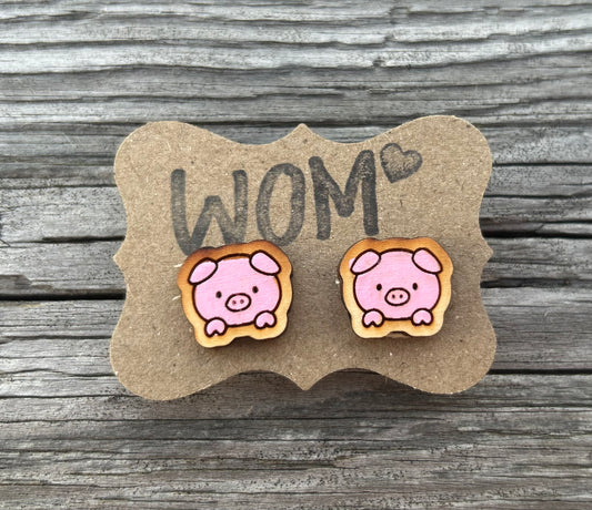 Pig Wooden Stud Earrings