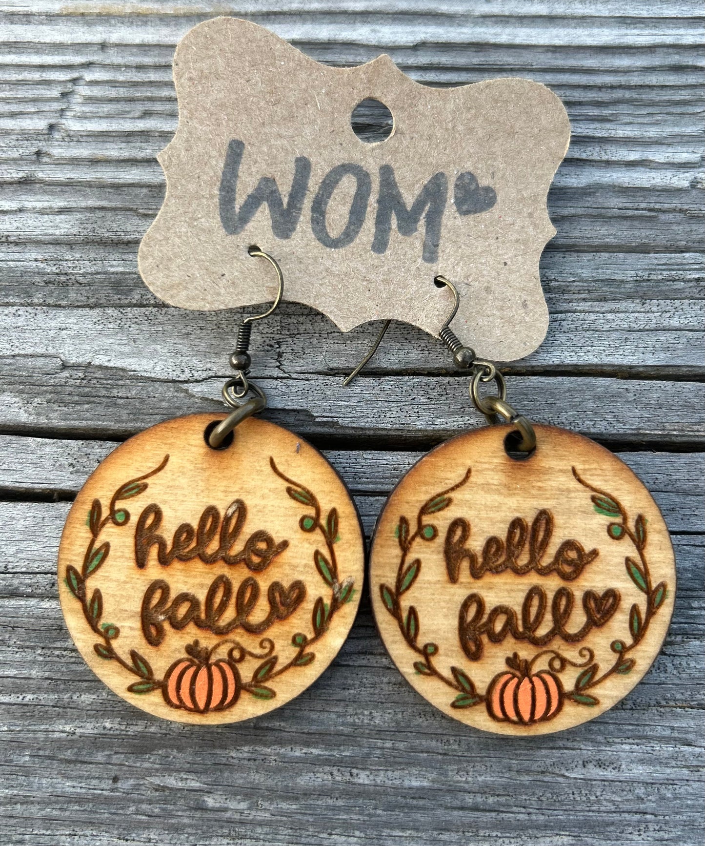 Hello Fall Pumpkin Vine Wooden Dangle Earrings