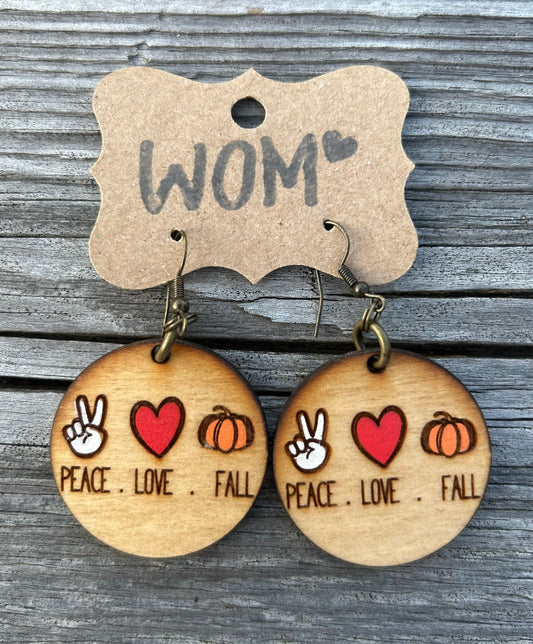 Peace Love Fall Wooden Dangle Earrings