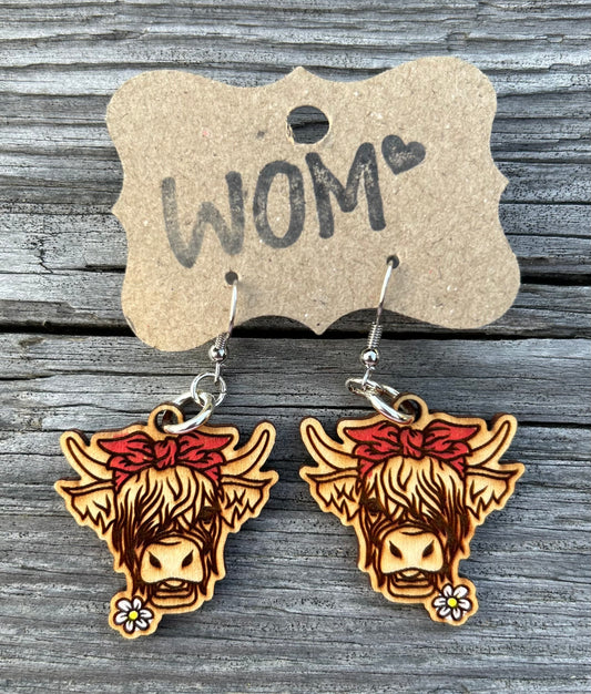 Highland Cow Daisy Wooden Dangle Earrings