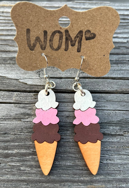 Ice Cream Cone Wooden Dangle Earrings