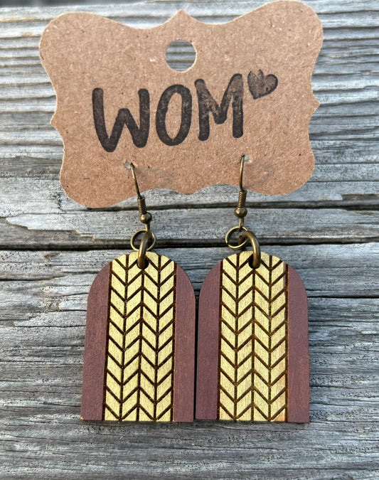 Chevron Gold and Brown Wooden Dangle Earrings