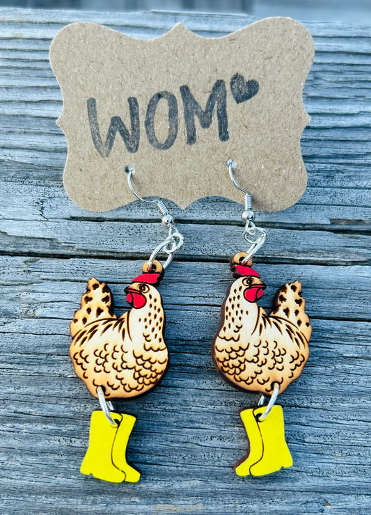 Chicken in Rain Boots Wooden Dangle Earrings