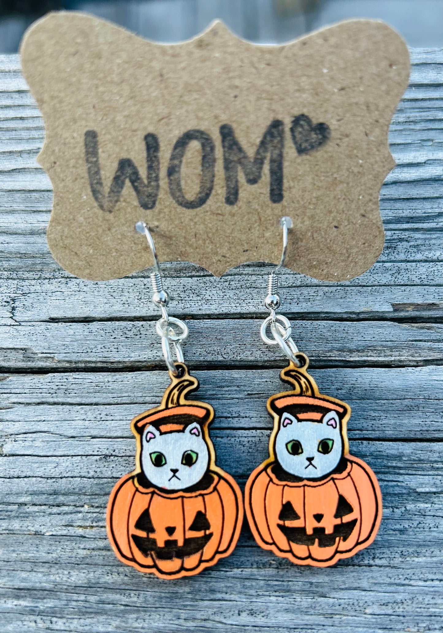 Jack-O-Lantern Cat Wooden Dangle Earrings