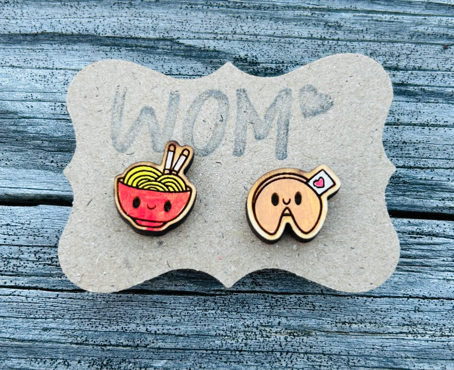 Ramen and Fortune Cookie Mix and Match Wooden Stud Earrings