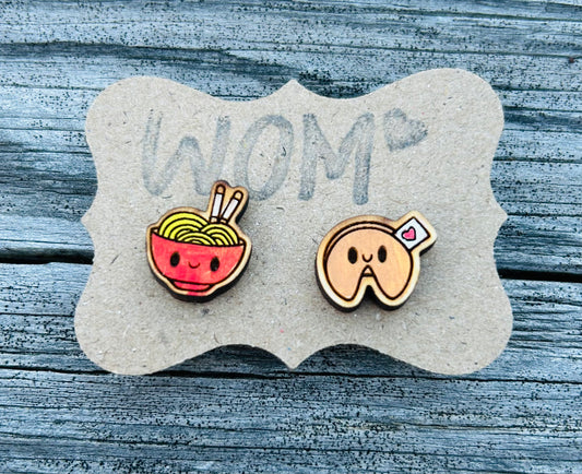 Ramen and Fortune Cookie Mix and Match Wooden Stud Earrings