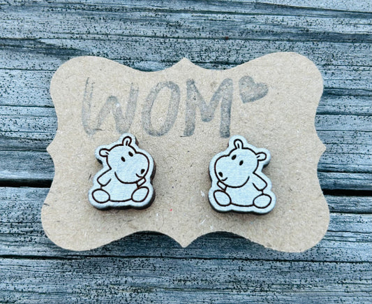 Hippopotamus Wooden Stud Earrings