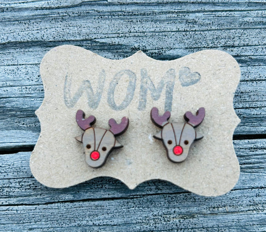 Rudolph Reindeer Wooden Stud Earrings